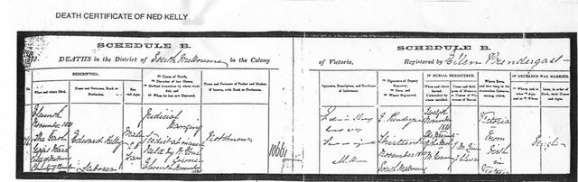 Copy of Ned Kelly's death certificate