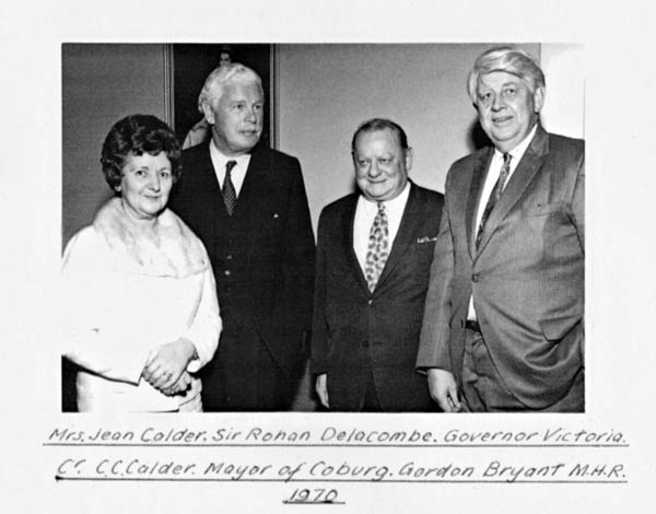 Mrs Jean Calder, Sir Rohan Delacombe (Governor of Victoria), Cr.C.C. Calder (Mayor of Coburg), Gordon Bryant M.H.R.
