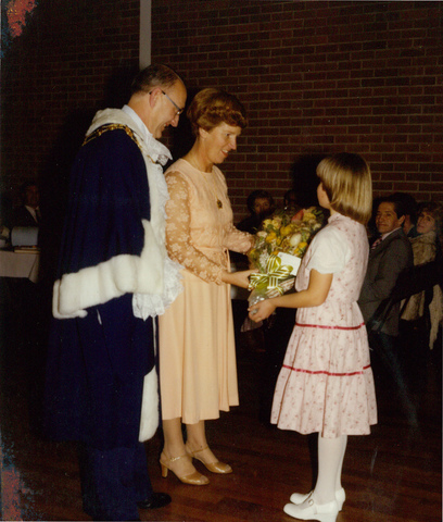 Mayor and Lady Mayoress S.J. Clement presented with bouquet