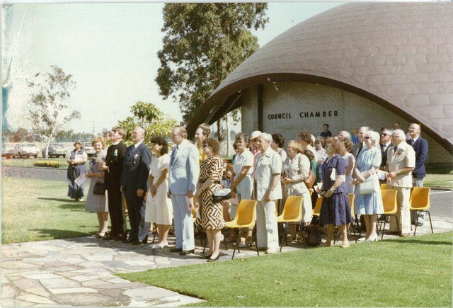 Mayor W.L.J. Crofts and guests at 150th celebrations outside Altona Council Chambers