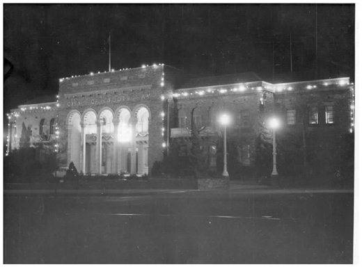 Footscray Town Hall illuminated, c1950