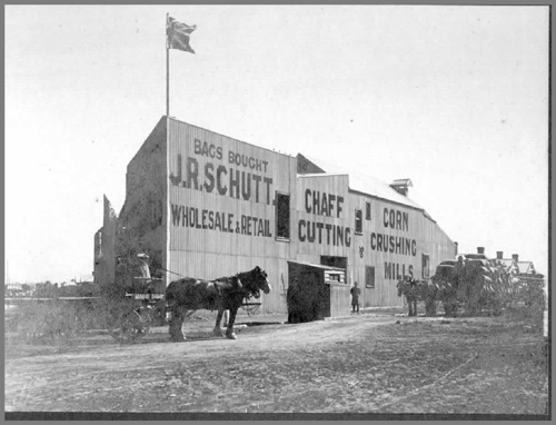 J.R. Schutt chaff cutting and corn mills, corner of Geelong and Williamstown Roads, Footscray.