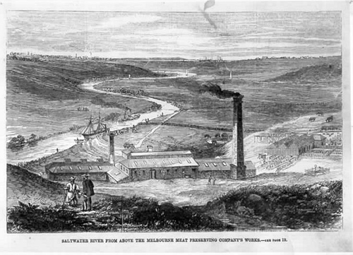 Saltwater River with Melbourne Meat Preserving Company's Works, c1870