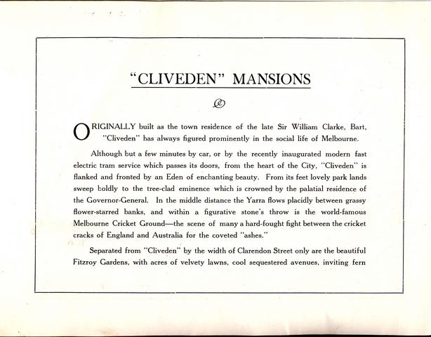 Cliveden Mansions brochure - page 1 of text