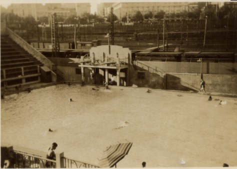 Melbourne Olympic Pool. Old diving tower, main pool from grandstand