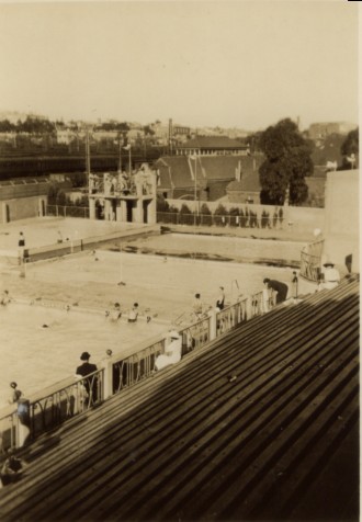 Melbourne Olympic Pool - diving tower and childrens' pools from the grandstand