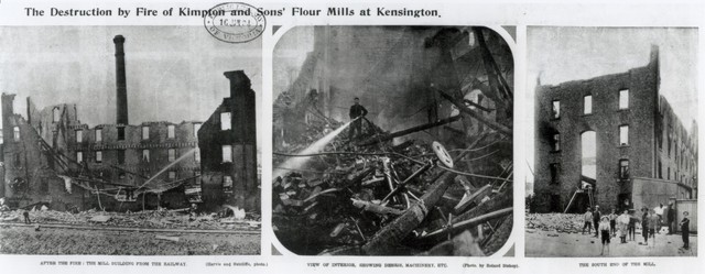 The destruction by fire of Kimpton and Sons' Flour Mills at Kensington