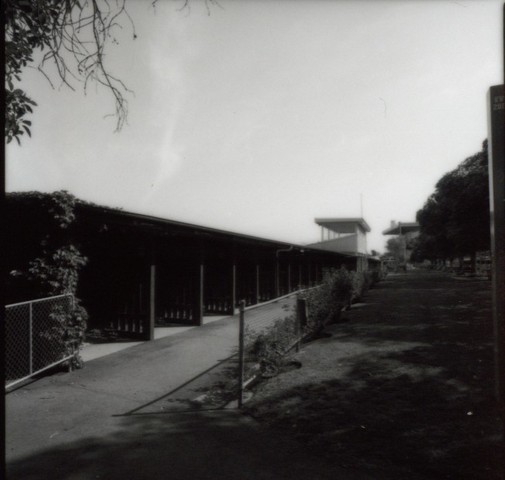 Flemington Racecourse. Jockeys' and trainers' grandstand and associated buildings
