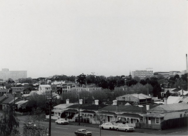 Elevated view from Curzon and O'Shanassy Street Corner, towards Parkville, Royal Melbourne Hospital in background