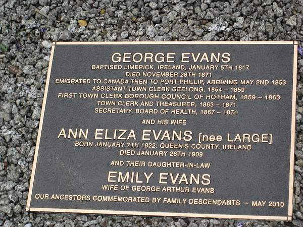 George Evans and family, memorial plaque,  Melbourne General Cemetery
