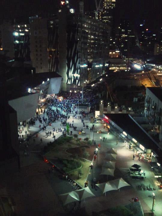 Footy fans spilling out from the Telstra