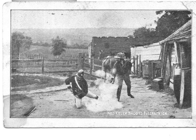 Ned Kelly shoots Fitzpatrick postcard Mildura