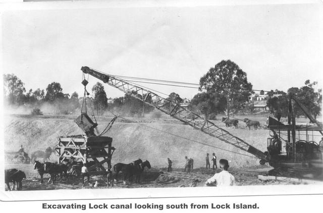 Excavating Lock canal, looking south from Lock Island Mildura.