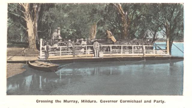 Crossing the Murray River Govenor Carmichael and party. Mildura.