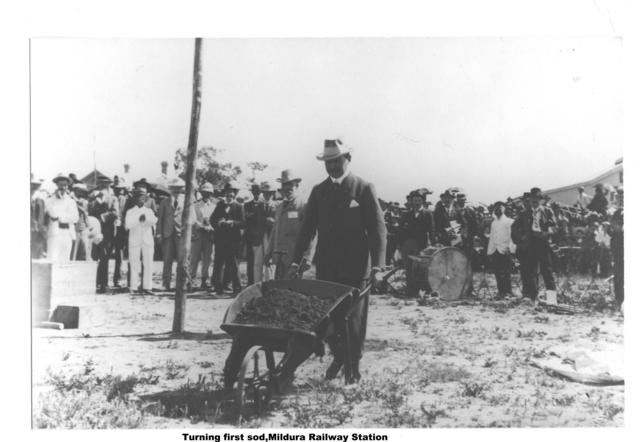 Turning first sod Railway Station, Mildura.