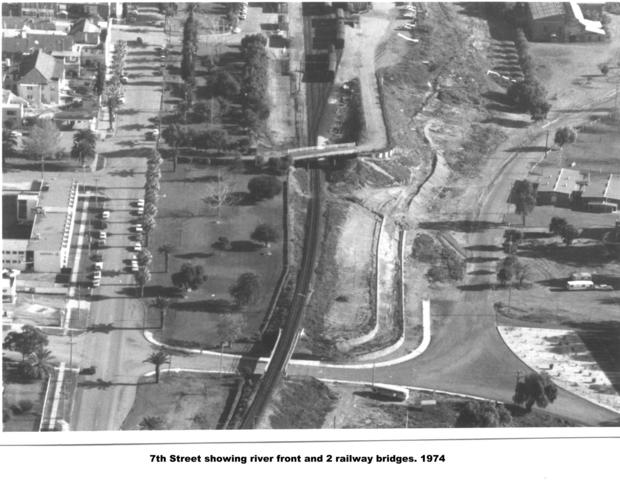 7th Street showing River front and two railway bridges, Mildura.