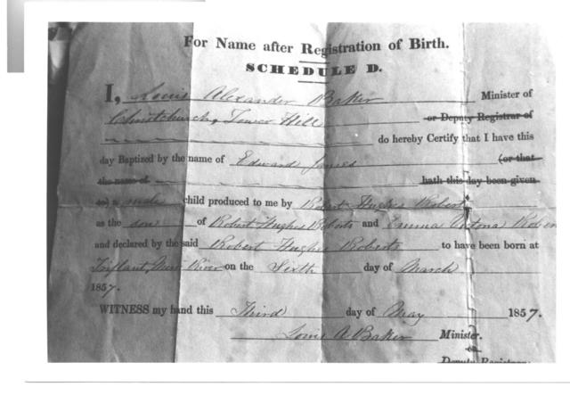 Baptisim certificate of Edward James Roberts, Mildura. 