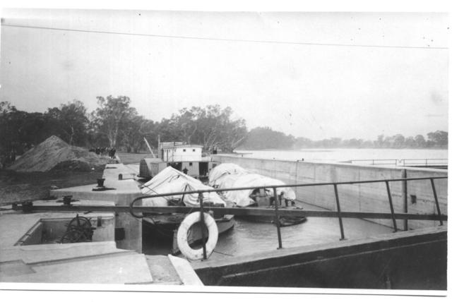 Paddle Steamer & Barges in Lock Chamber, Mildura.