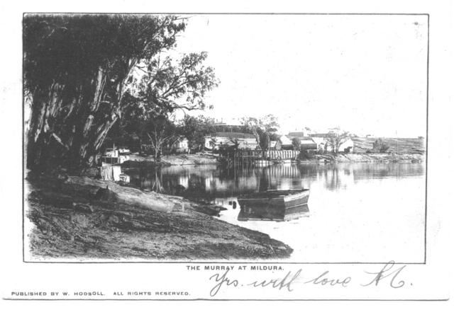 The Murray, with Wharf centre and Pumps right of Photo, Mildura. 