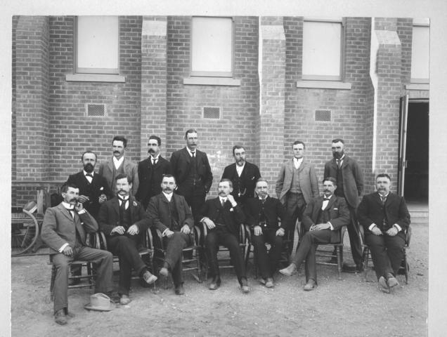 Gentlemen outside Hall, Mildura.