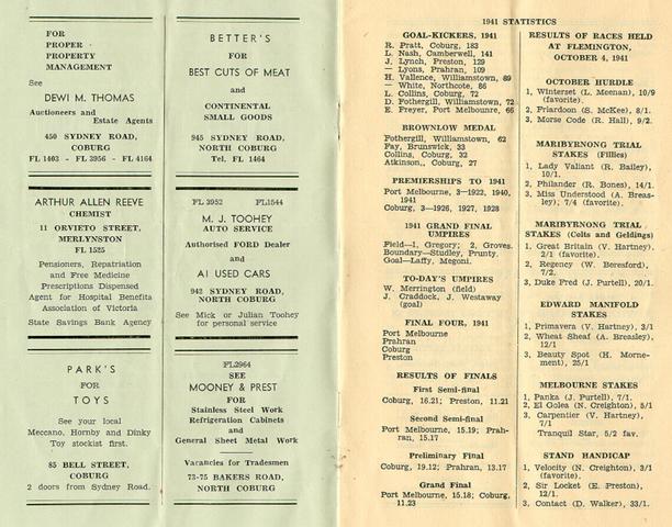  Coburg Football Club Souvenir Programme 1941 Grand Final Replay