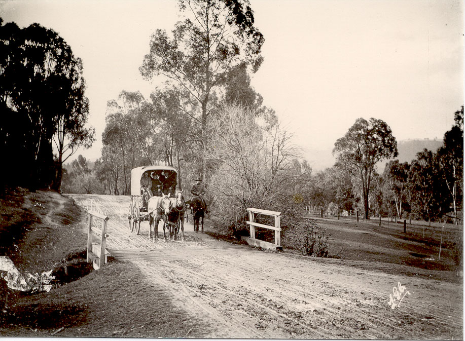 Horse drawn dray crossing bridge, Alexandra