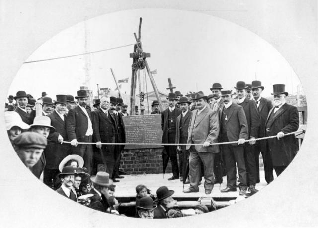 Laying the foundation stone of the Victoria Park grandstand