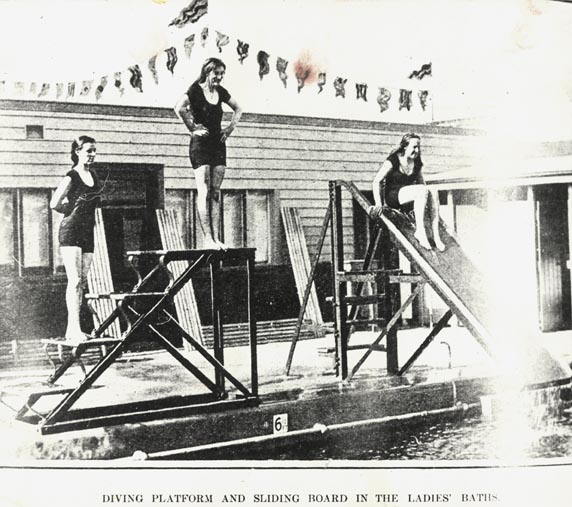 Diving platform and sliding board in the ladies baths.