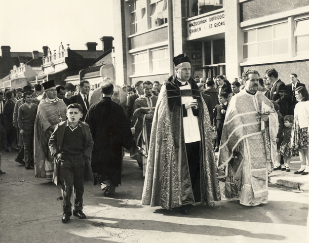 Procession outside Macedonian Church, Young Street, Fitzroy