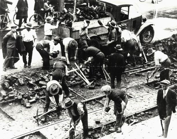 Conversion work, from cable to electric, on tram line in St Georges Road, North Fitzroy.